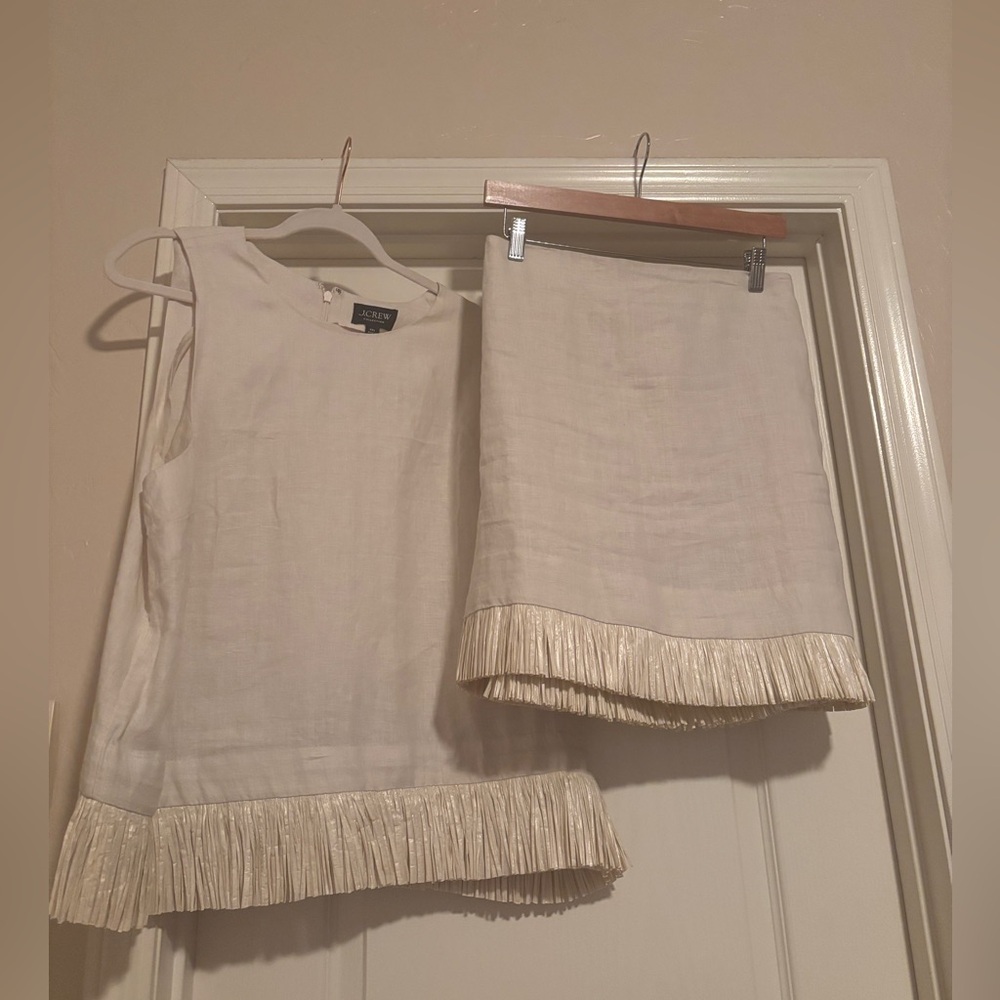 J. Crew Collection Cream Linen & Fringe Two Piece Set Top and Skirt XXL 18